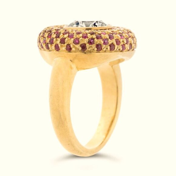 2.10 Carat Diamond Solitaire with 138 Rubies 18KYG Halo Ring - Picture 3 of 13